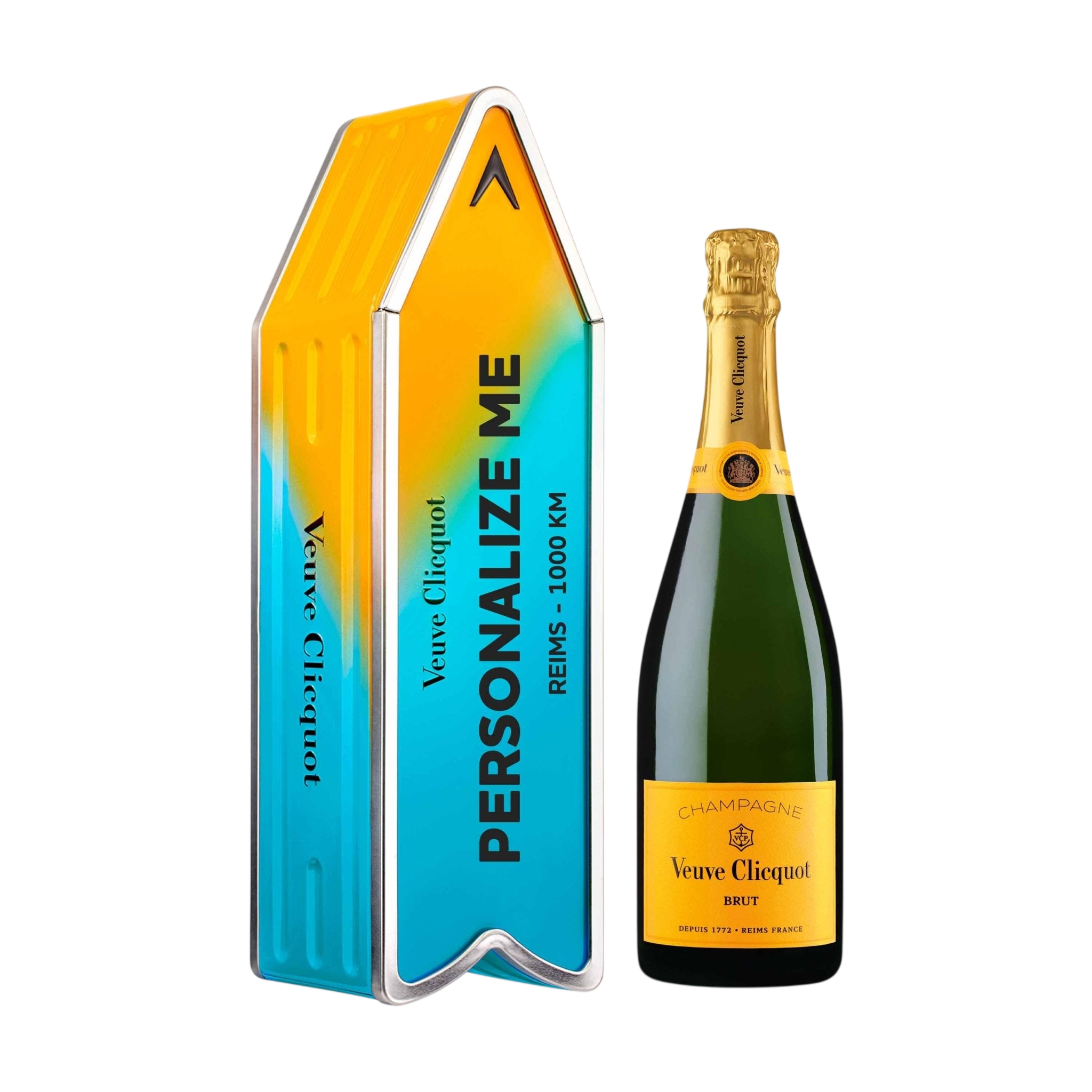 Veuve Clicquot Veuve Clicquot Yellow Label Brut NV 75 cl. Personliggør Blue Arrow Tin kasse - PremiumBottles