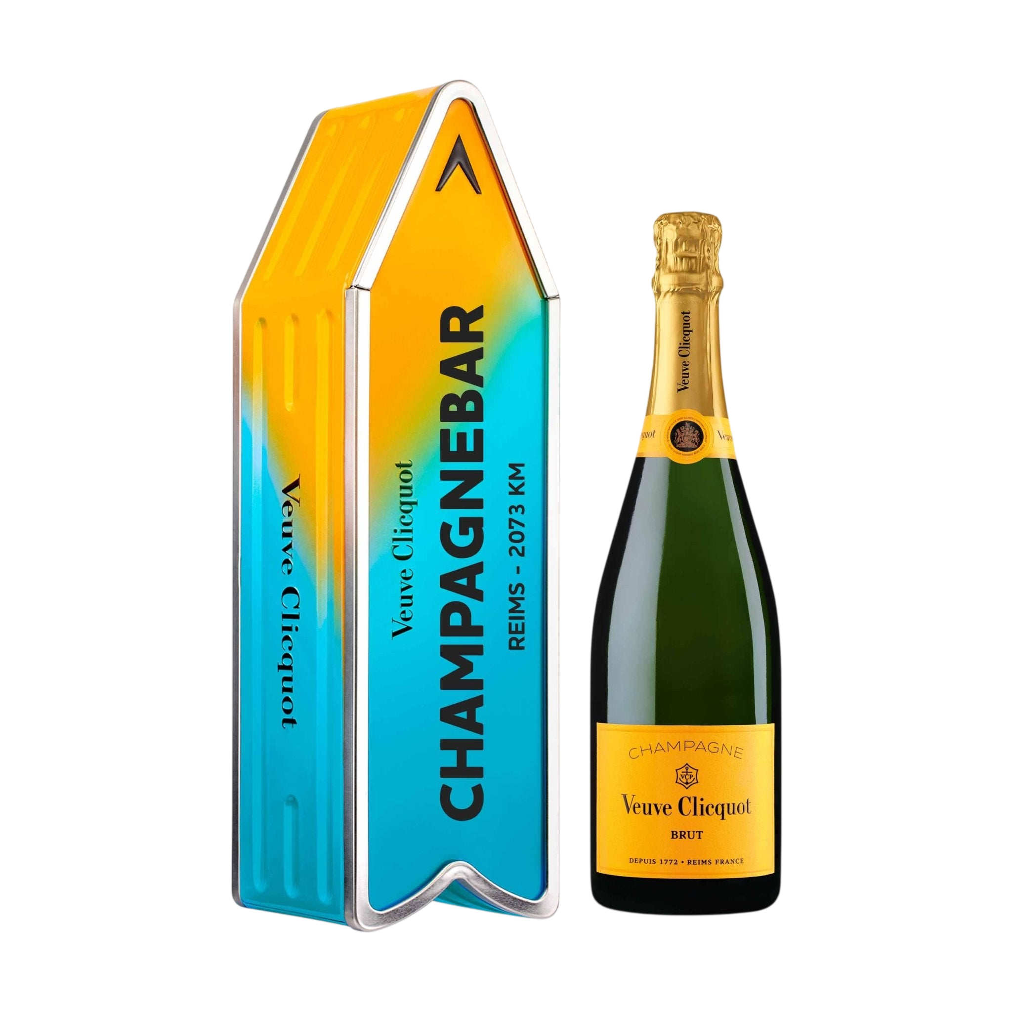Veuve Clicquot Veuve Clicquot Yellow Label Brut NV 75 cl. Personliggør Blue Arrow Tin kasse - PremiumBottles