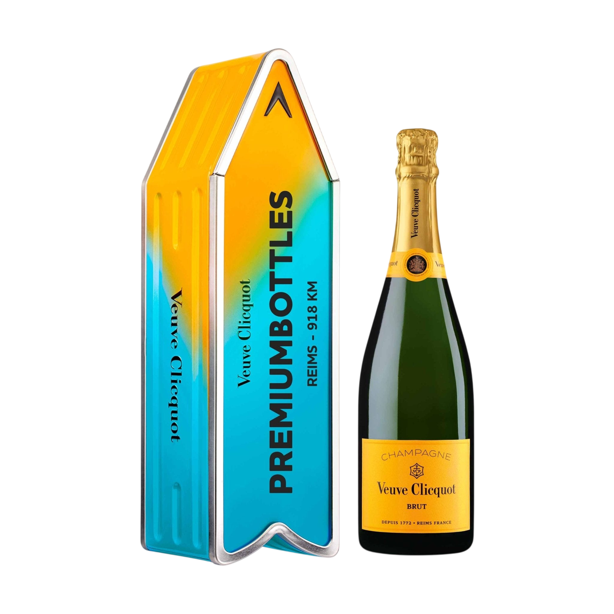 Veuve Clicquot Veuve Clicquot Yellow Label Brut NV 75 cl. Personliggør Blue Arrow Tin kasse - PremiumBottles